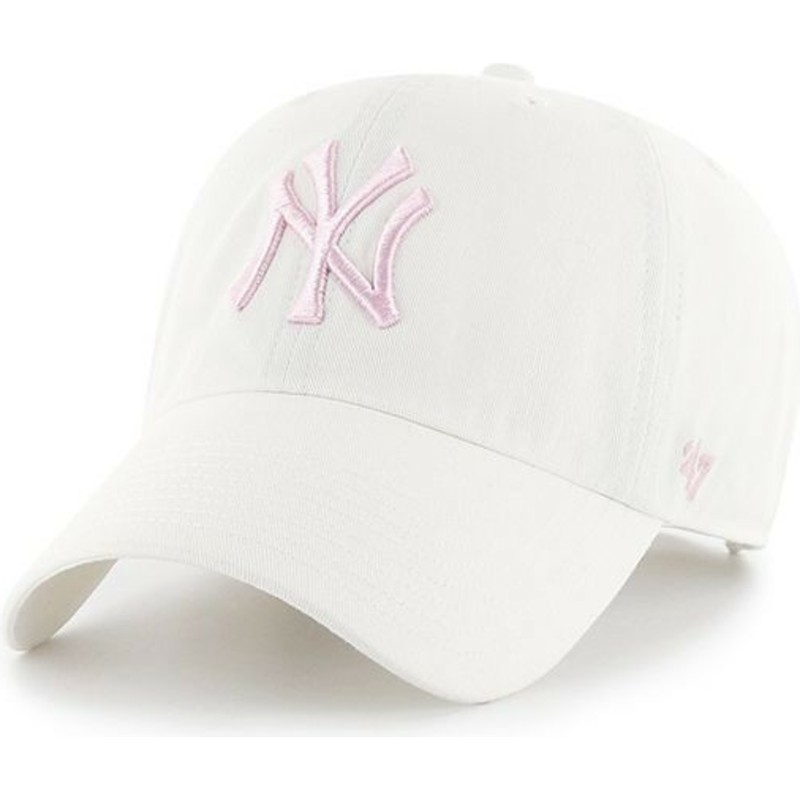 casquette-courbee-blanche-avec-logo-rose-new-york-yankees-mlb-clean-up-47-brand